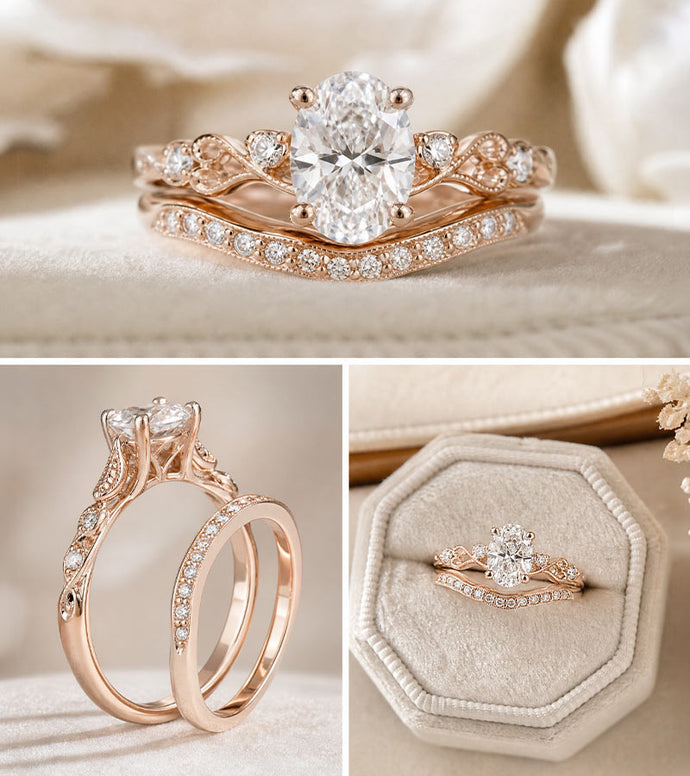 Rose gold ring with diamonds on a soft beige background